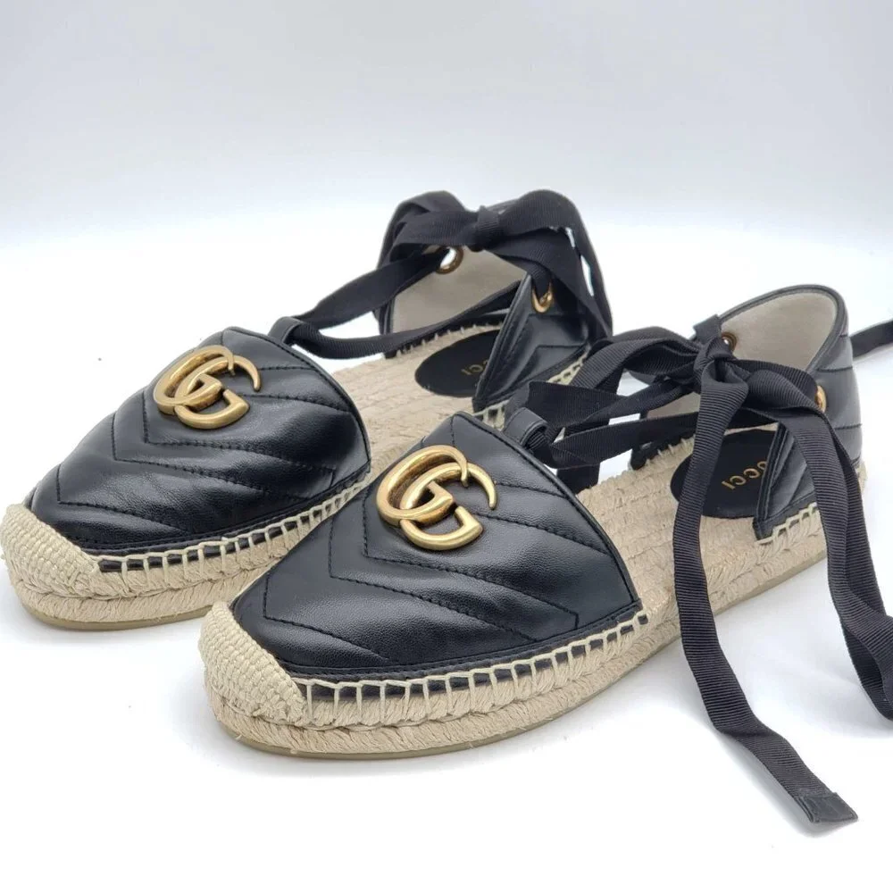 Authentic Gucci GG Marmont Espadrille Sandals Black Leather Gold Logo Brand New - Picture 2 of 13